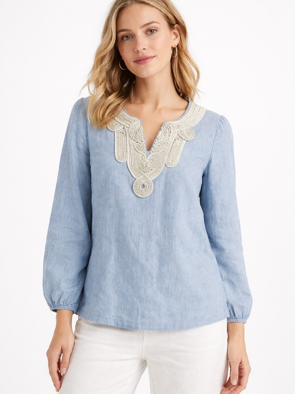 Boden Chambray Embroidered Blouse Size 4 Blue Cotton Boho Tunic Top
